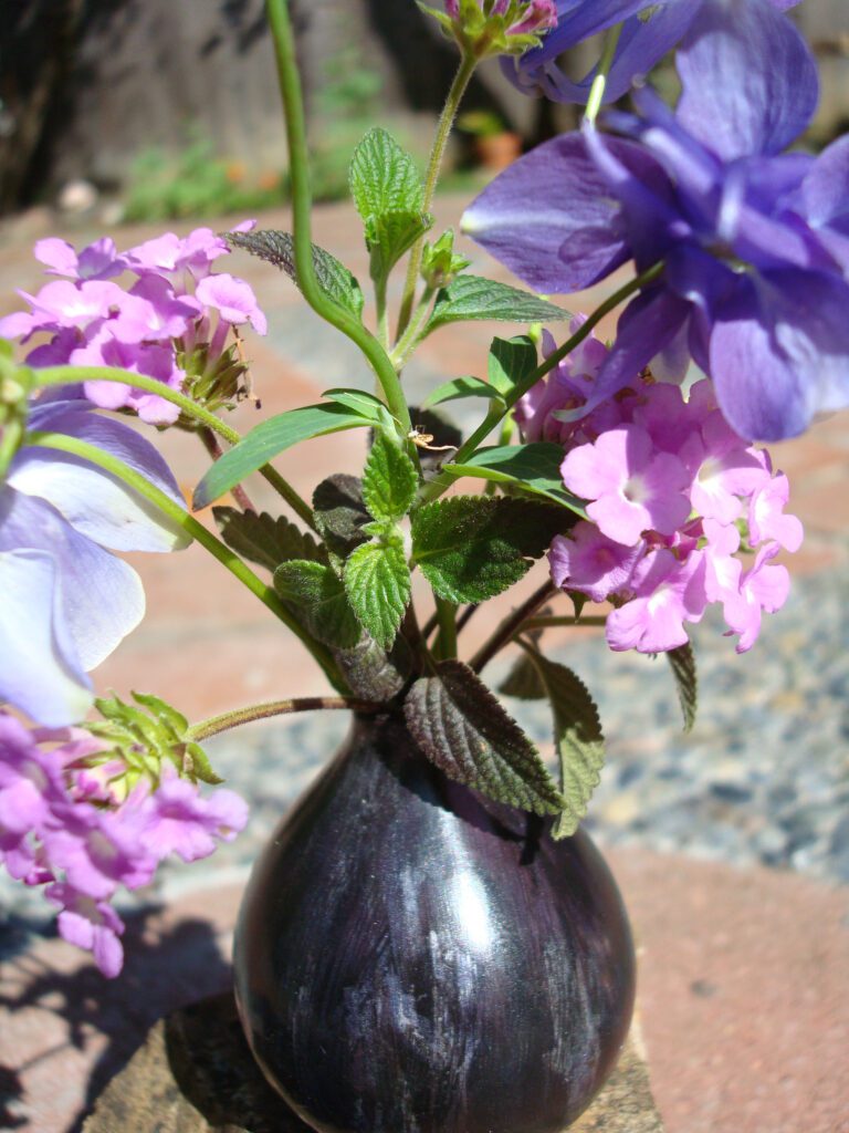 A black vase with purple flowers in it.