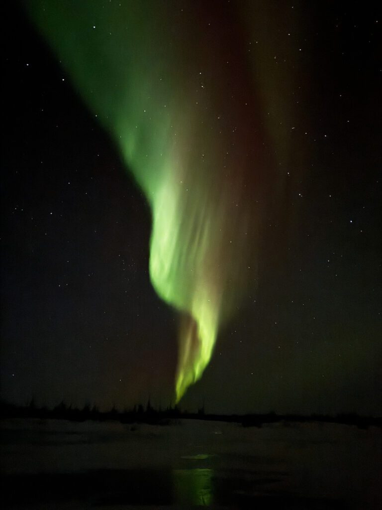 A green and yellow light is shining on the sky.