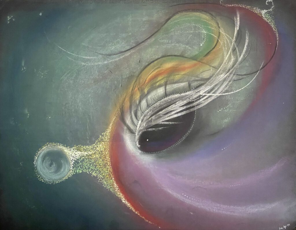 A painting of an abstract image with a purple and white swirl.