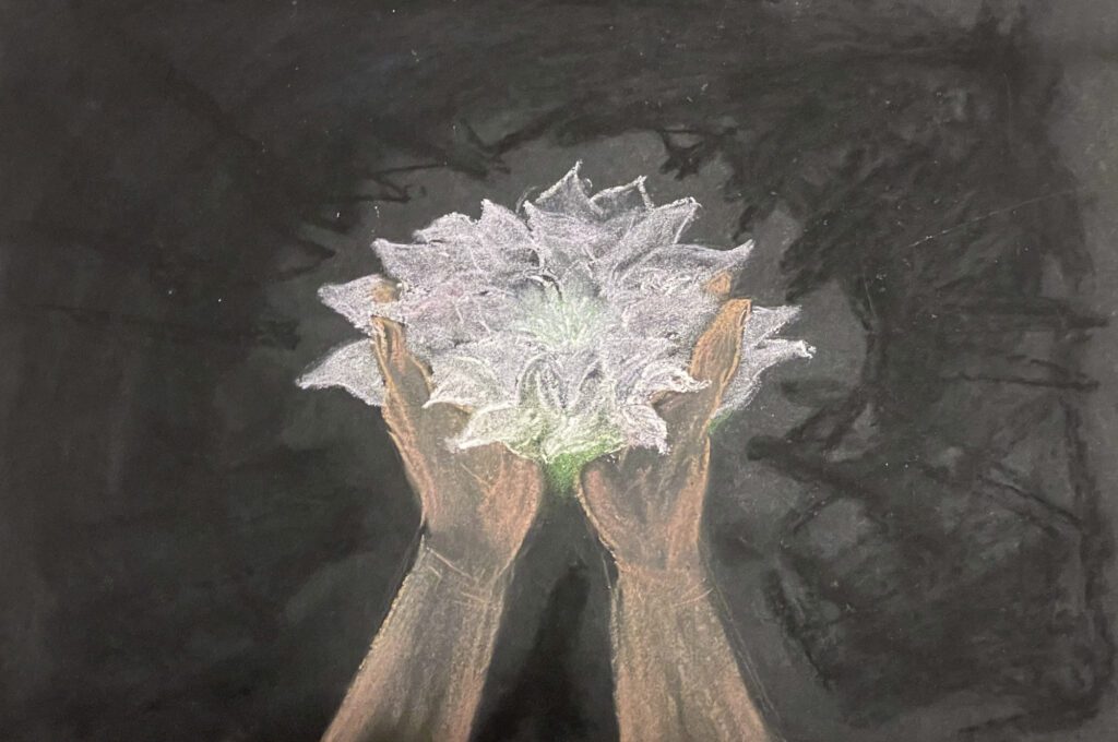 A painting of hands holding flowers in front of a black background.