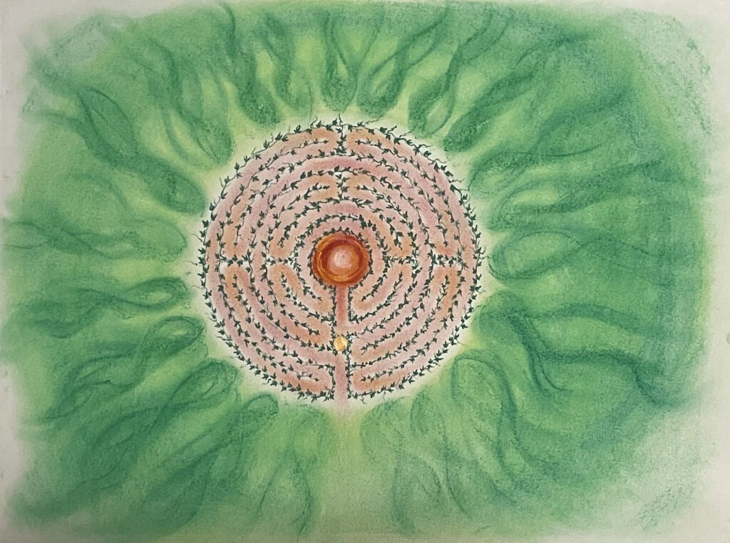 A green and white painting of a flower with a red center.