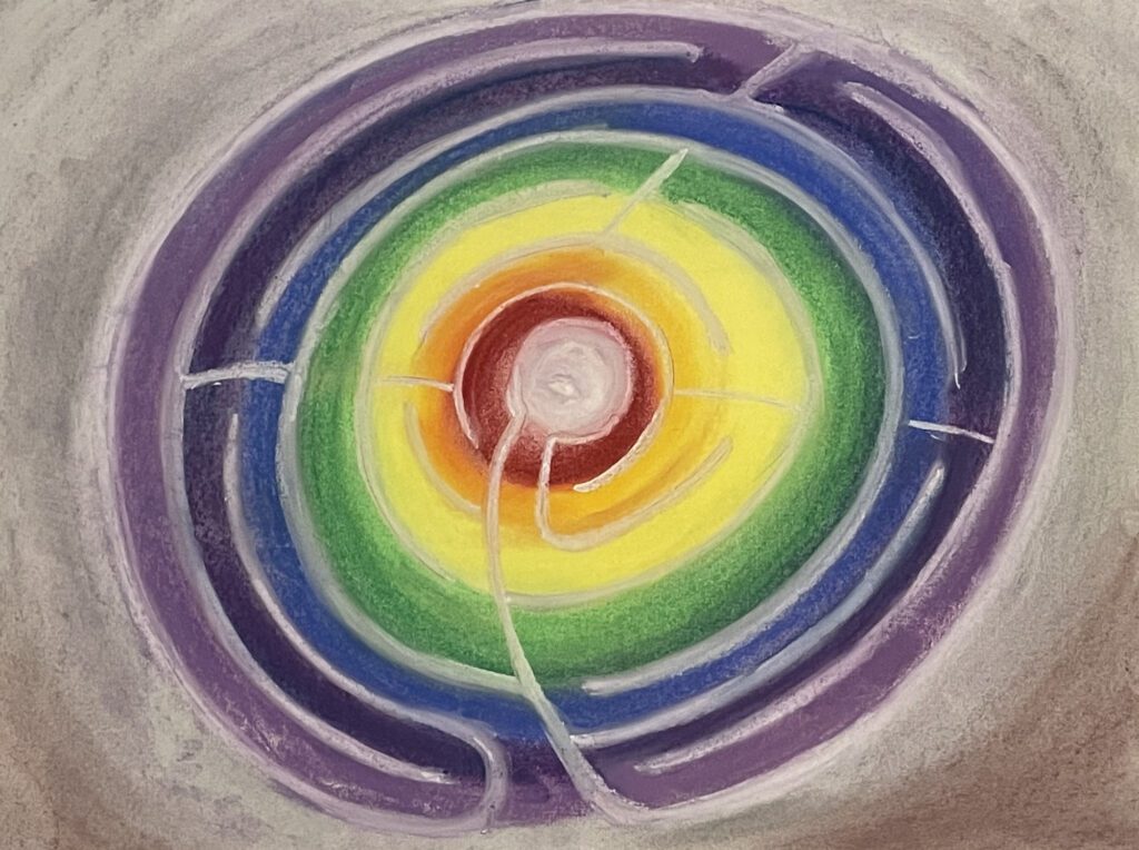 A painting of a colorful circle with lines coming out it.