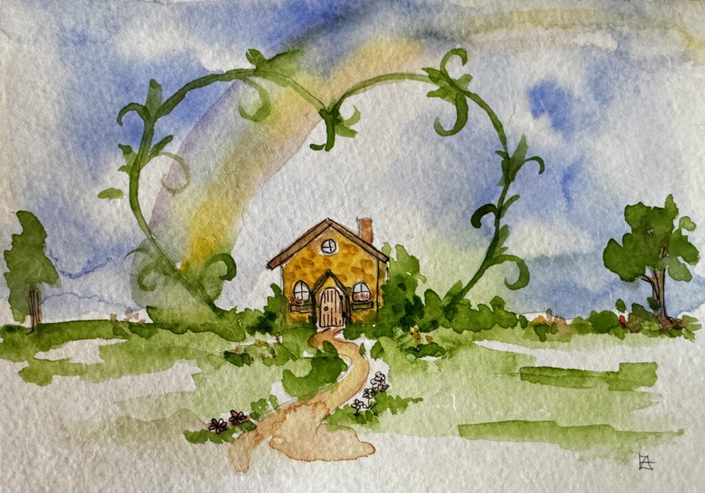 A painting of a house with a rainbow in the background.