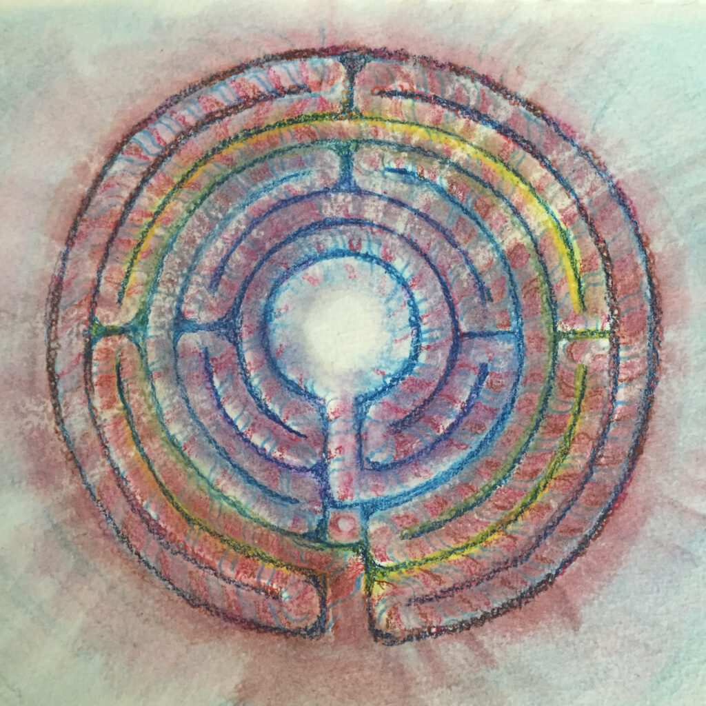 A painting of a circular labyrinth with many colors.