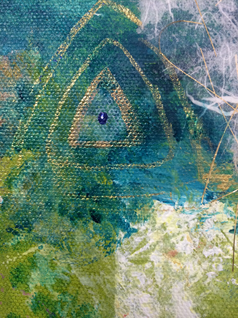 A painting of an eye with green and blue colors.